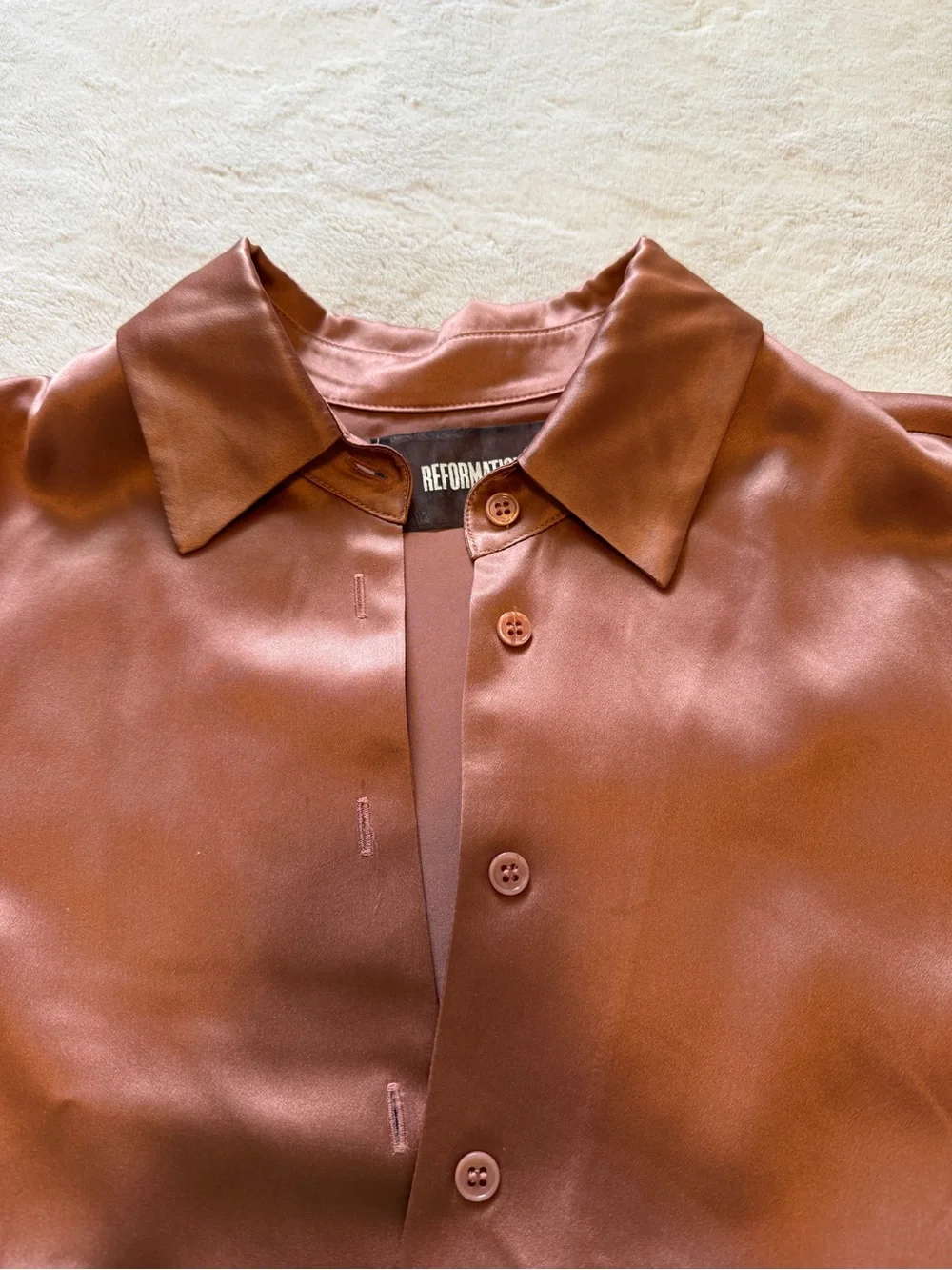 Reformation 100% Silk Pink Rust Button Up Top, XS (Many flaws see pics) - Picture 3 of 15